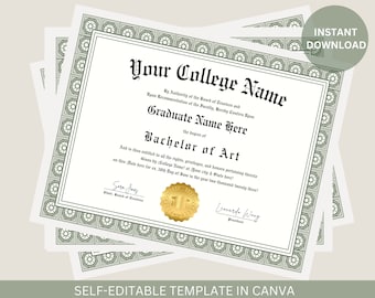 Editable Sage College Diploma with Gold Seal Printable College Graduation Diploma Template Graduation Certificate Instant Download File