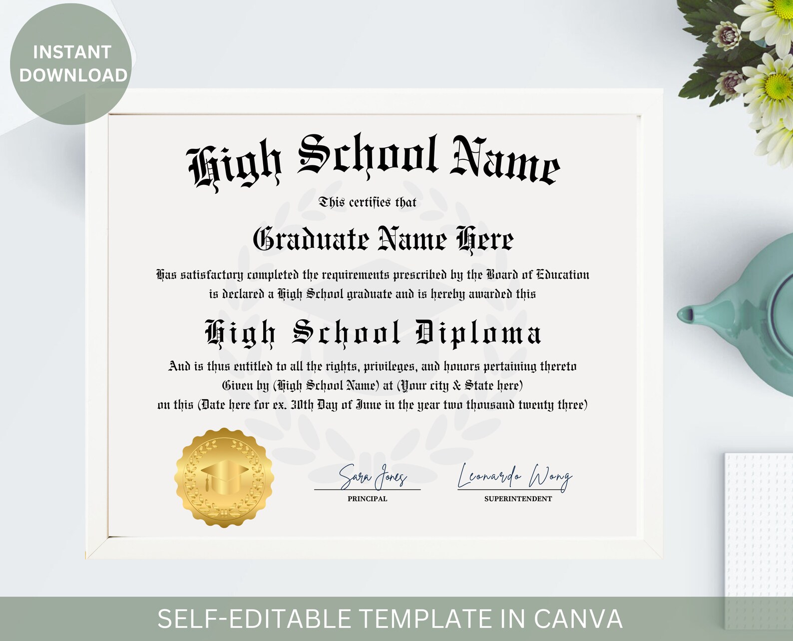Editable High School Diploma With Gold Seal Printable Graduation ...