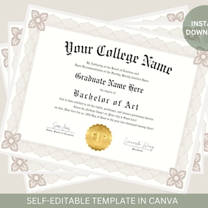 Editable College Diploma with Gold Seal Printable College Graduation Diploma Template Graduation Certificate Instant Download File
