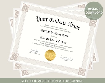 Editable College Diploma with Gold Seal Printable College Graduation Diploma Template Graduation Certificate Instant Download File