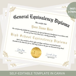 Editable GED Diploma with Gold Seal Editable Graduation Certificate Printable High School Equivalency Diploma Template Instant Download File