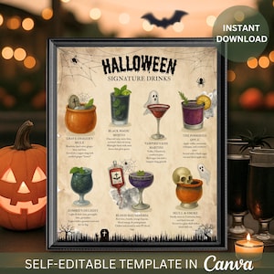 May include: A framed Halloween-themed print featuring signature drink recipes. The print includes illustrations of cocktails like the Grave Digger's Mule and Vampire's Kiss Martini. The words "Halloween Signature Drinks" are at the top. The words "Instant Download" are in the upper right corner.