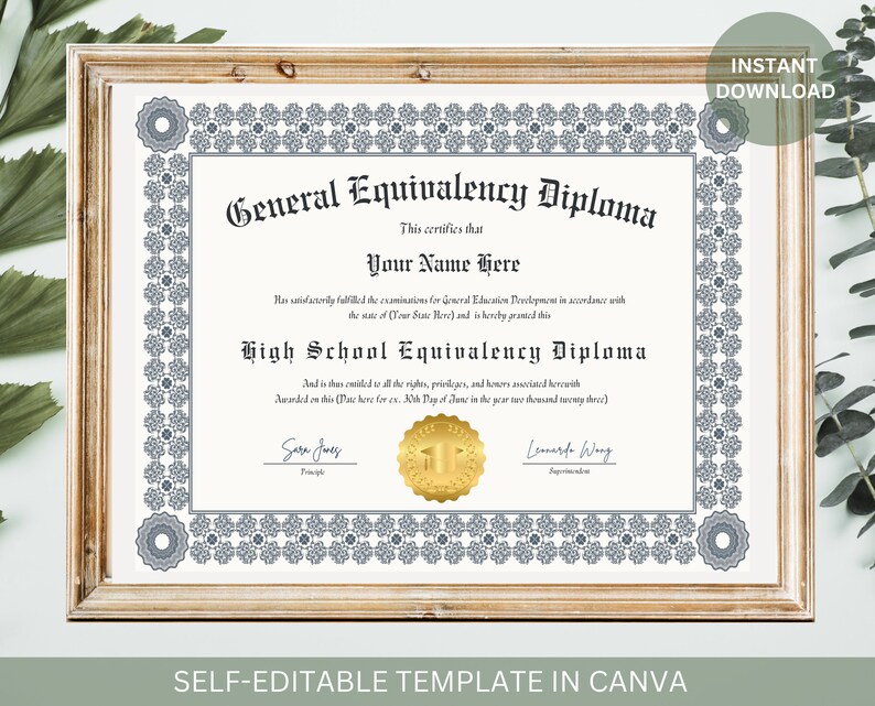 Editable GED Diploma With Gold Seal Graduation Certificate Printable ...
