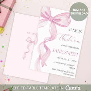 Cartão de convite de aniversário de 13 anos com laço rosa editável, laço coquete rosa, elegante cartão de convite com laço rosa para pré-adolescentes