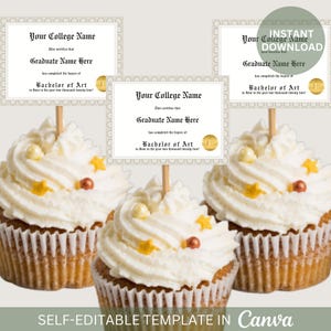 Adorno editable para cupcakes con sello dorado, ideal para fiestas de graduación universitarias y de secundaria. Adornos personalizables para cupcakes.