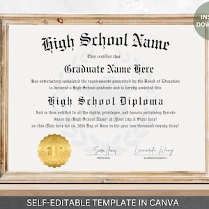 Editable High School Diploma With Gold Seal Printable Graduation ...