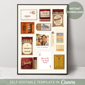Editable DIY Retro Matchbook Poster Template Blank Matchbox Art Wedding Anniversary Personalized Valentines Day Gift Template Love Gift Idea
