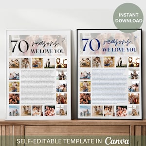 Bearbeitbares 70er Geburtstagsgeschenk 70 Gründe, warum wir dich lieben Poster Benutzerdefinierte Fotocollage zum Ausdrucken für Sie oder Ihn Personalisierte 70er Jahre Geburtstagsvorlage