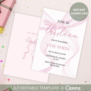 Bearbeitbare Rosa Schleife 13. Geburtstag Einladungskarte Tween Rosa Kokette Bogen Elegante Rosa Band Einladungskarte für Pre Teen Mädchen Bogen einladen