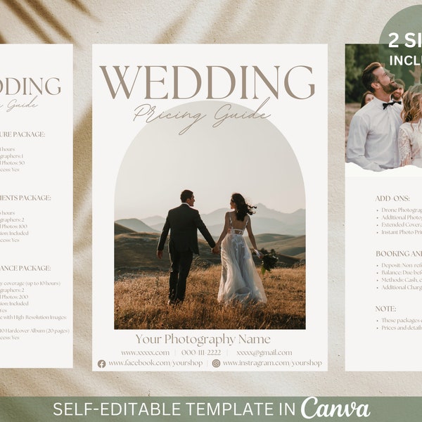 Editable Wedding Photography Pricing Template 8.5x11" and 5x7" Photographer Price Guide Wedding Pricing Guide List  Canva Template