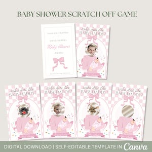 Juego editable para baby shower: cabeza de famoso a cuadros rosas, rasca y adivina quién es el papá del bebé, divertido juego para baby shower.