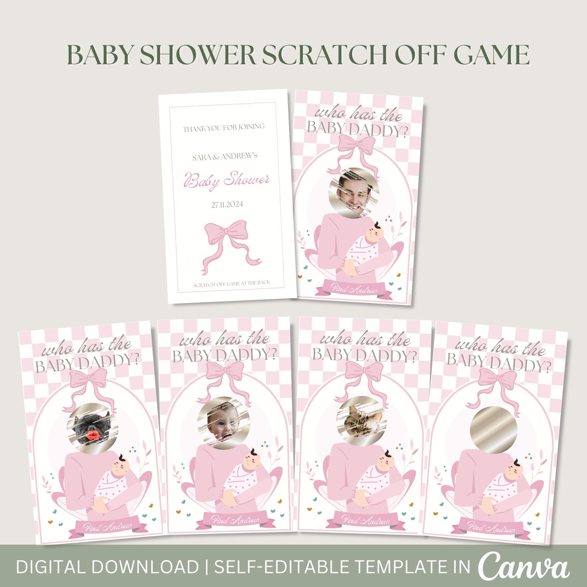Editable Baby Shower Game Pink Checkered Celebrity Head Who Has The Baby Daddy Scratch Off Guess Who Has The Baby Dad Funny Baby Shower Game