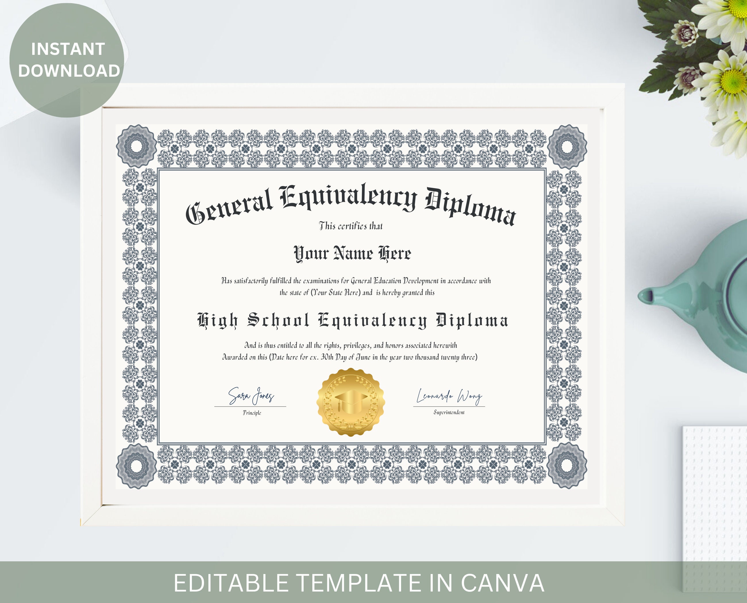 Editable GED Diploma With Gold Seal Graduation Certificate Printable ...