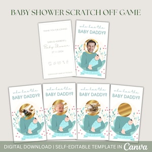 Juego divertido y editable para baby shower: cabeza de famoso, quién tiene al papá del bebé, rasca y gana para la futura mamá. Adivina quién tiene al papá del bebé.
