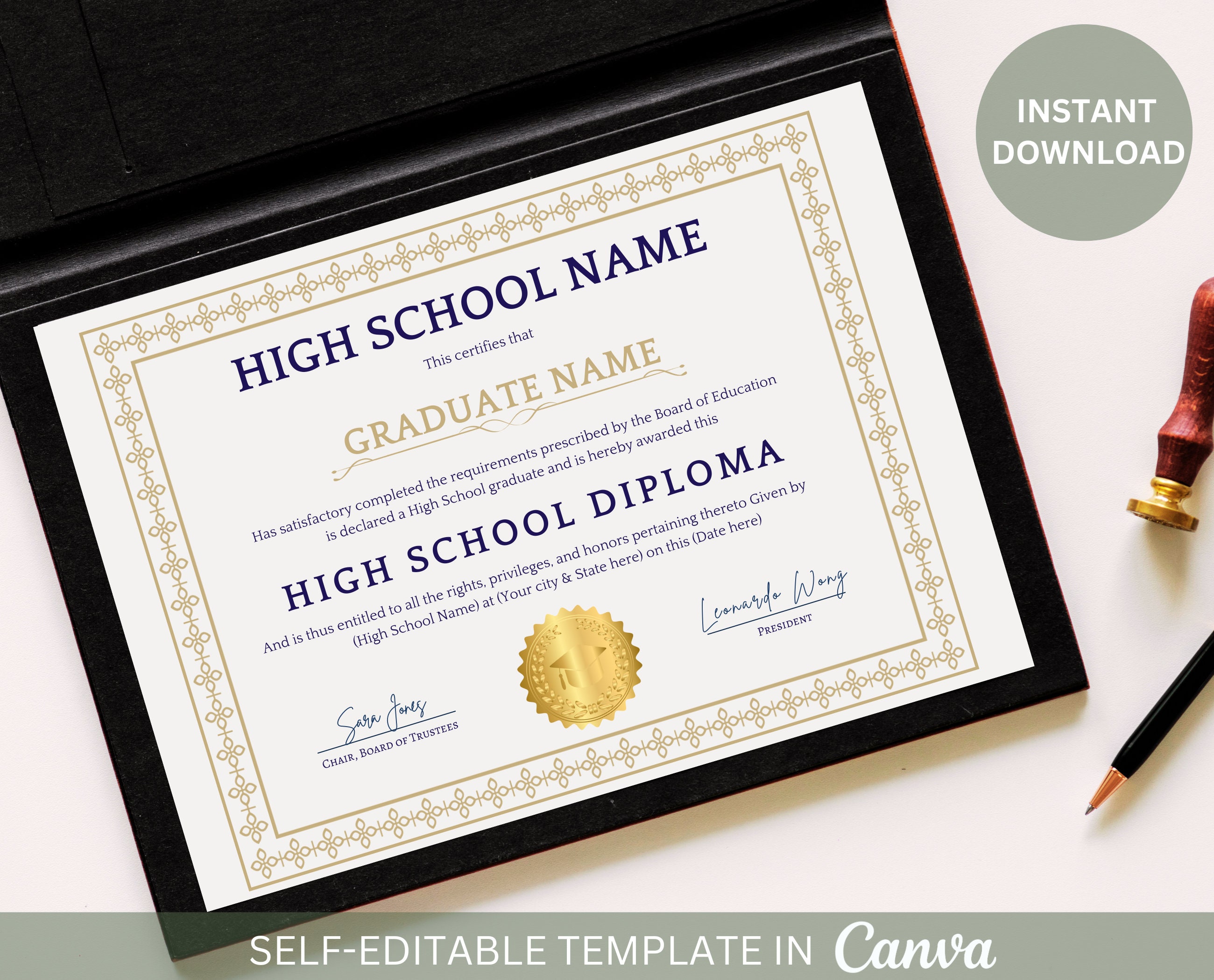 Editable High School Diploma With Gold Seal Printable Graduation ...