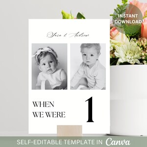 Carte de numéro de table de mariage modifiable avec photo quand nous étions Modèle photo de numéro de table pour une réception de mariage Numéro de table avec âges