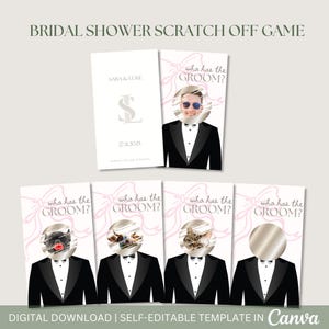 Juego divertido y editable para despedida de soltera: coqueta, lazo rosa, celebridad, quién tiene al novio, raspa, encuentra al novio, juego minimalista para despedida de soltera.