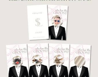 Editable Funny Bridal Shower Game Coquette Pink Bow Celebrity Who Has The Groom Scratch off Find The Groom Minimalist Couple Shower Game