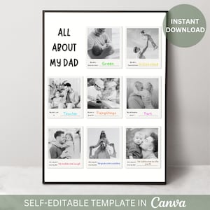 Collage Polaroid editable "Todo sobre mi papá", regalo fotográfico para el Día del Padre, tarjeta de recuerdo de hija e hijo, regalo Polaroid personalizado para papá
