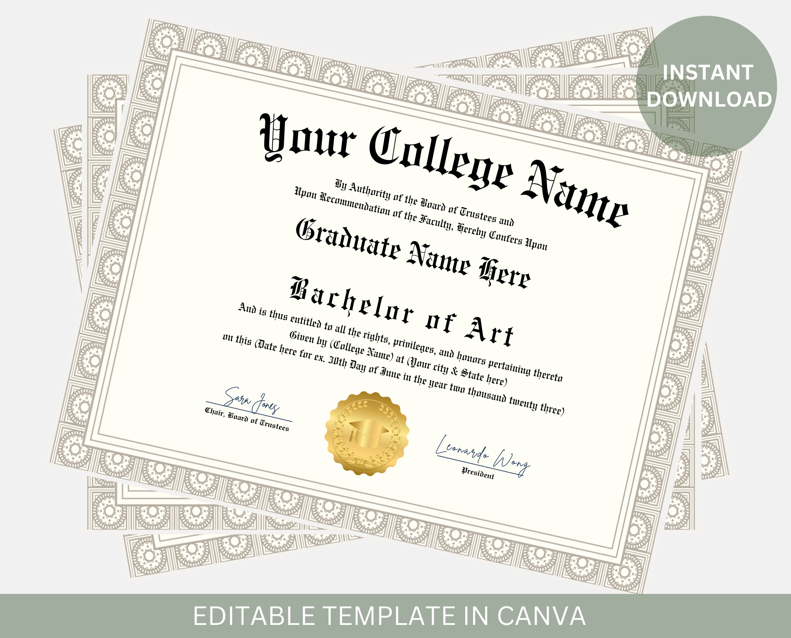 Editable College Diploma With Gold Seal Printable College Graduation