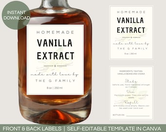 May include: Printable label template for homemade vanilla extract. The label features a white background with black text that reads "Homemade Vanilla Extract" and "Made with love by The G Family". The label also includes the size of the extract, 8 oz | 250 ml.
