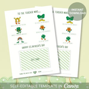 Porte-cartes cadeau modifiable pour professeur pour la Saint-Patrick pour la Saint-Patrick, remerciement pour professeur, cadeau imprimable pour professeur