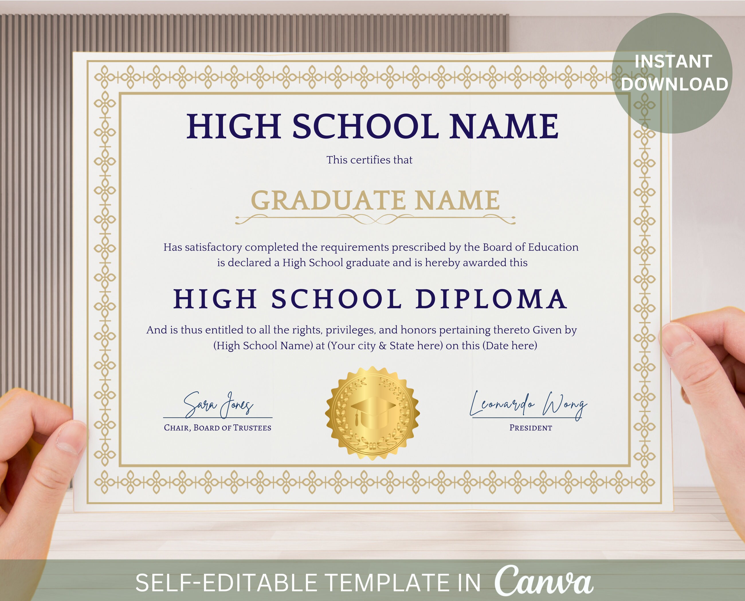 Editable High School Diploma With Gold Seal Printable Graduation ...