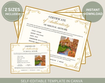 Editable Certificate of Authenticity of Original Artwork Printable Artisit Authenticiy Card COA Template Instant Download File