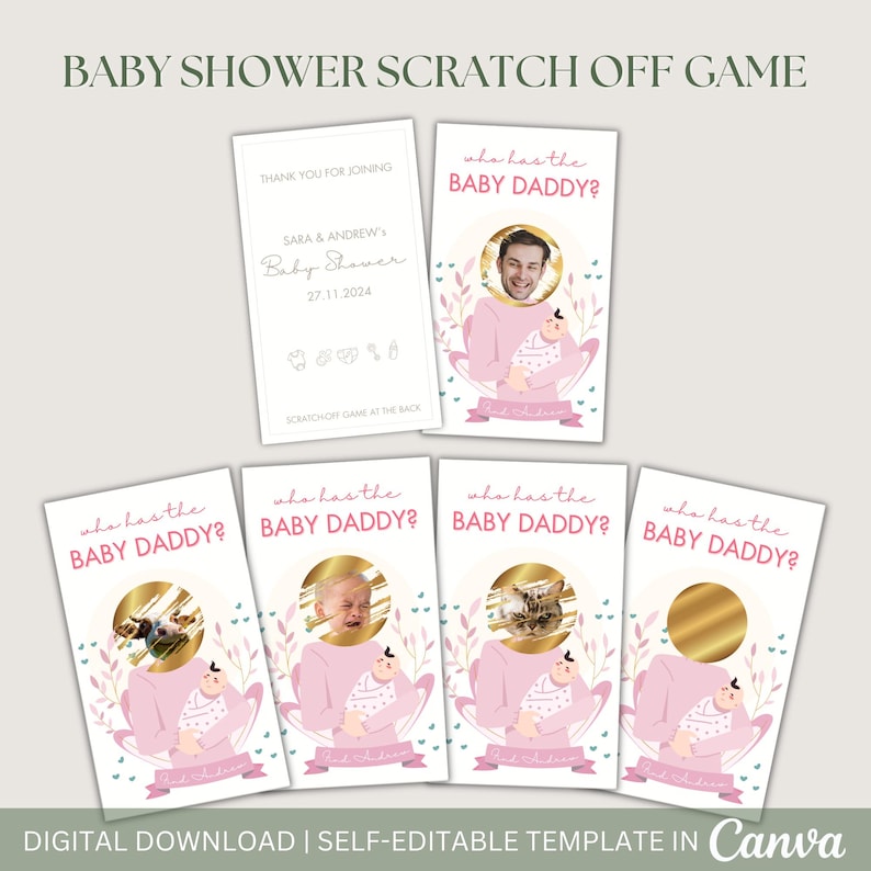 May include: A pink and gold baby shower game card with the text "Who has the Baby Daddy?" and a gold circle with a scratch-off surface. The card features a cartoon illustration of a person holding a baby.