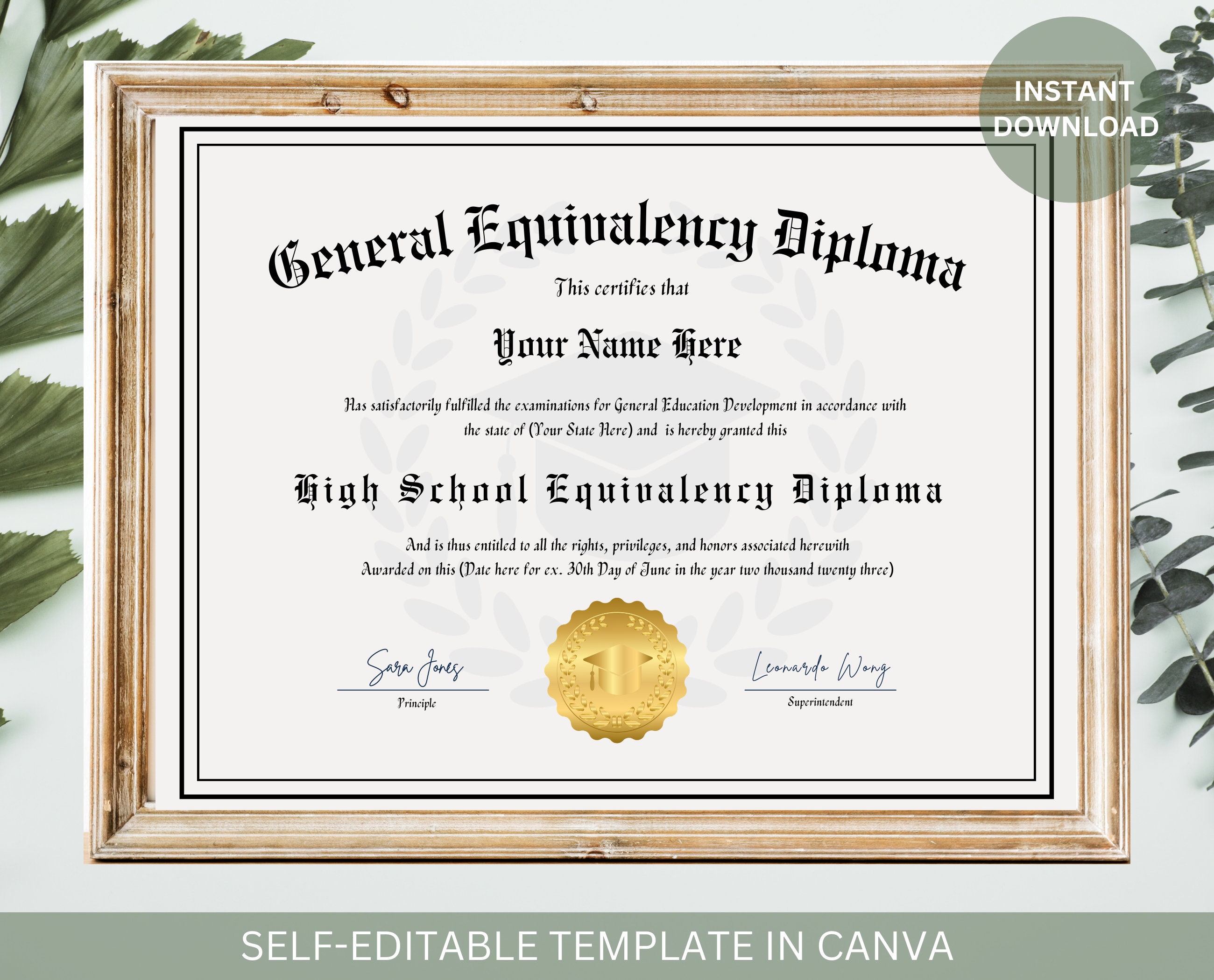Editable GED Diploma With Gold Seal Editable Graduation Certificate ...
