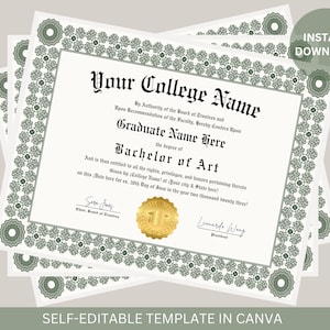 Editable College Diploma with Gold Seal Printable Graduation Certificate College Graduation Diploma Template Instant Download File