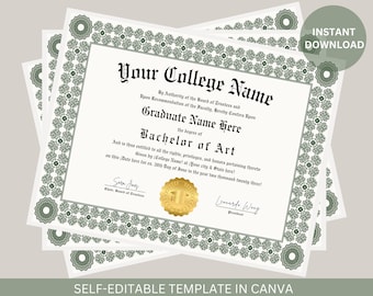 Editable College Diploma with Gold Seal Printable Graduation Certificate College Graduation Diploma Template Instant Download File