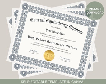 Editable GED Diploma with Gold Seal Graduation Certificate Printable High School Equivalency Diploma Template Editable Instant Download File