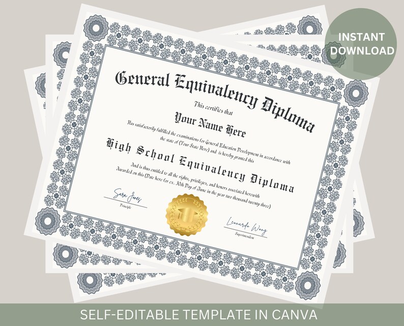 Editable GED Diploma With Gold Seal Graduation Certificate Printable ...