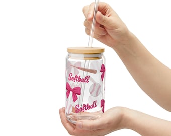 Regalos para entrenadores de softbol: vaso de vidrio Preppy Sipper de 16 oz para jugadores y mamás deportistas