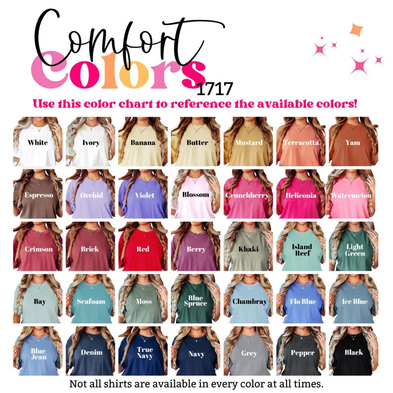 Puede incluir: Una carta de colores para camisetas Comfort Colors 1717 que muestra treinta y cinco colores diferentes en una cuadr&iacute;cula. Cada camiseta est&aacute; etiquetada con su nombre de color, incluyendo White, Ivory, Banana, Butter, Mustard, Terracotta, Yam, Espresso, Orchid, Violet, Blossom, Crunchberry, Heliconia, Watermelon, Crimson, Brick, Red, Berry, Khaki, Island Reef, Light Green, Bay, Seafoam, Moss, Blue Spruce, Chambray, Flo Blue, Ice Blue, Blue Jean, Denim, True Navy, Navy, Grey, Pepper y Black.