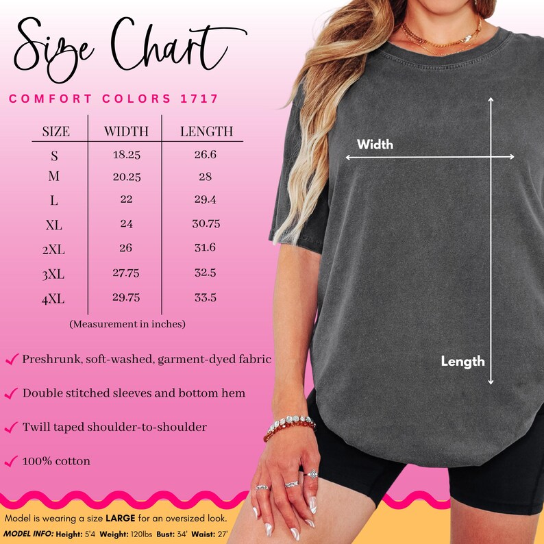 Puede incluir: Una tabla de tallas para camiseta gris carb&oacute;n Comfort Colors 1717. La tabla enumera tallas de S a 4XL con medidas de ancho y largo en pulgadas. Incluye tela de algod&oacute;n preencogida, te&ntilde;ida en prenda, con dobladillos de doble costura.