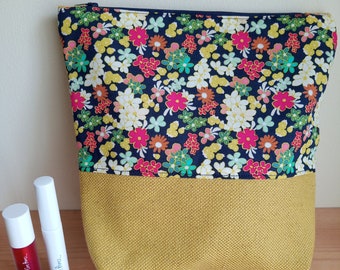 Flower Wash Bag, large cosmetic bag, toiletry, make-up bag. Handmade using strong upholstery fabric. Navy, yellow, fully lined, great gift.