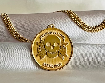 Solid Gold Memento Mori Necklace, Men Jewelry, Gold Coin Skull Pendant, Stoicism, Amor Fati Necklace, Silver Stoic Necklace, Gift For Her