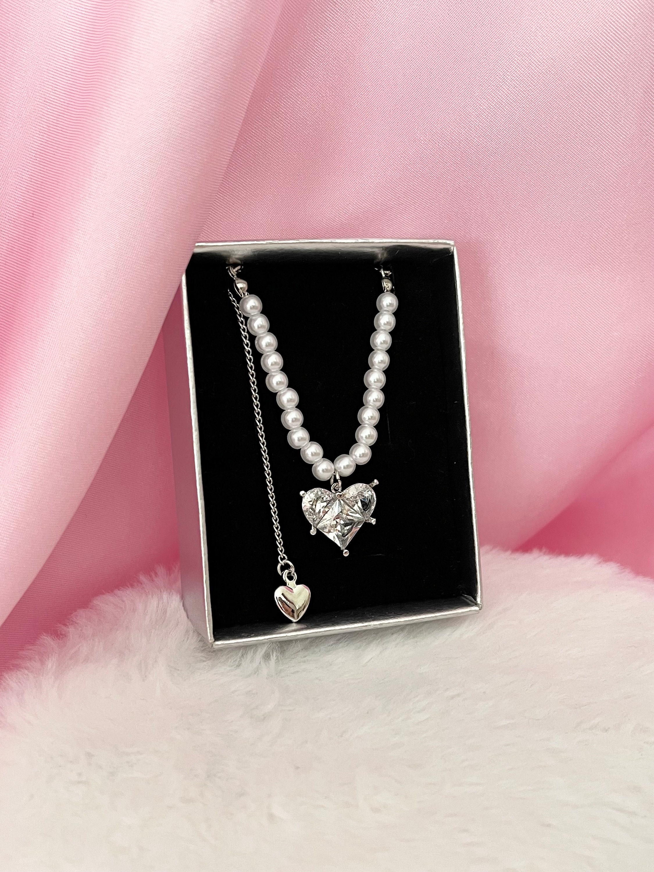 316L Sparkly Heart Necklace, Gift Necklace, Silver Necklace, Pearl ...