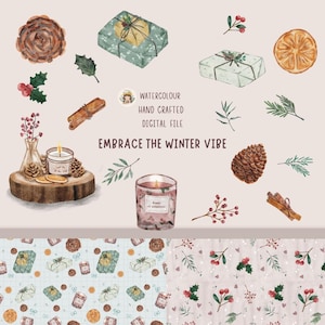 clipart acquerello invernale, ornamento, profumo, motivo, imballaggio, scarabocchio, regalo per capodanno, verde, artigianato, cancelleria, festa, etichetta