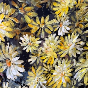 May include: A black background with a repeating pattern of yellow and white daisies. The daisies are painted in a watercolour style and have a soft, blurry effect.