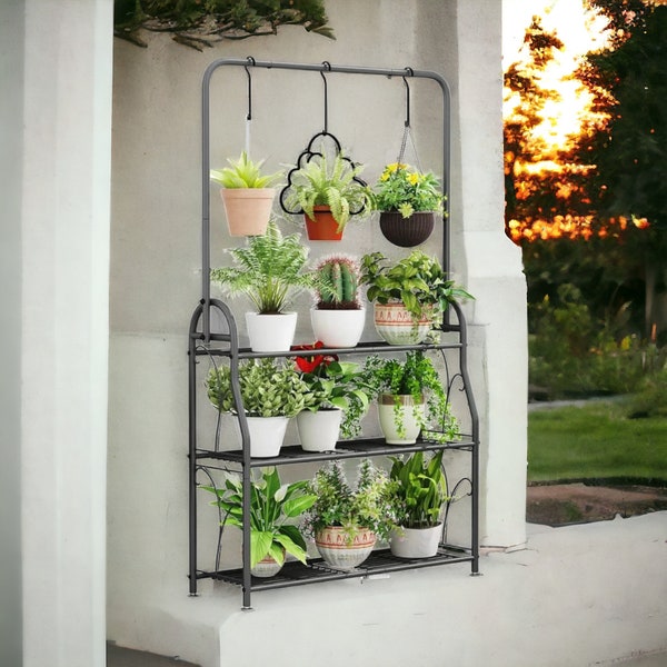 Modern 3-Tier Metal Hanging Plant Stand for Indoor/Outdoor Spaces - Dark Grey