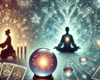 Puede incluir: Ilustración digital artística con una bola de cristal, cartas del tarot, velas y una persona meditando. El fondo está lleno de patrones y símbolos celestiales. El texto "New to Etsy est 20 Years" está en la parte inferior.