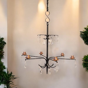 Swedish 6-Arm Iron, Copper and Glass Chandelier| 1970s Candle Holder| Retro Nordic Christmas| Christmas Gift| Gift Idea