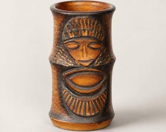 Vase Josef Simon Søholm, Mask Face Relief, Amber Stoneware, Bornholm Danemark, années 1960
