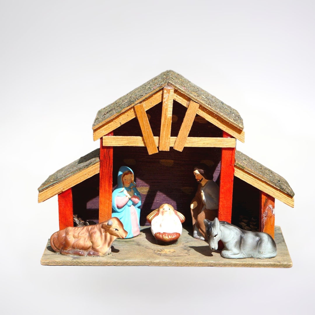 Retro Wooden Nativity Scene With Plastic Figures Nativity Etsy