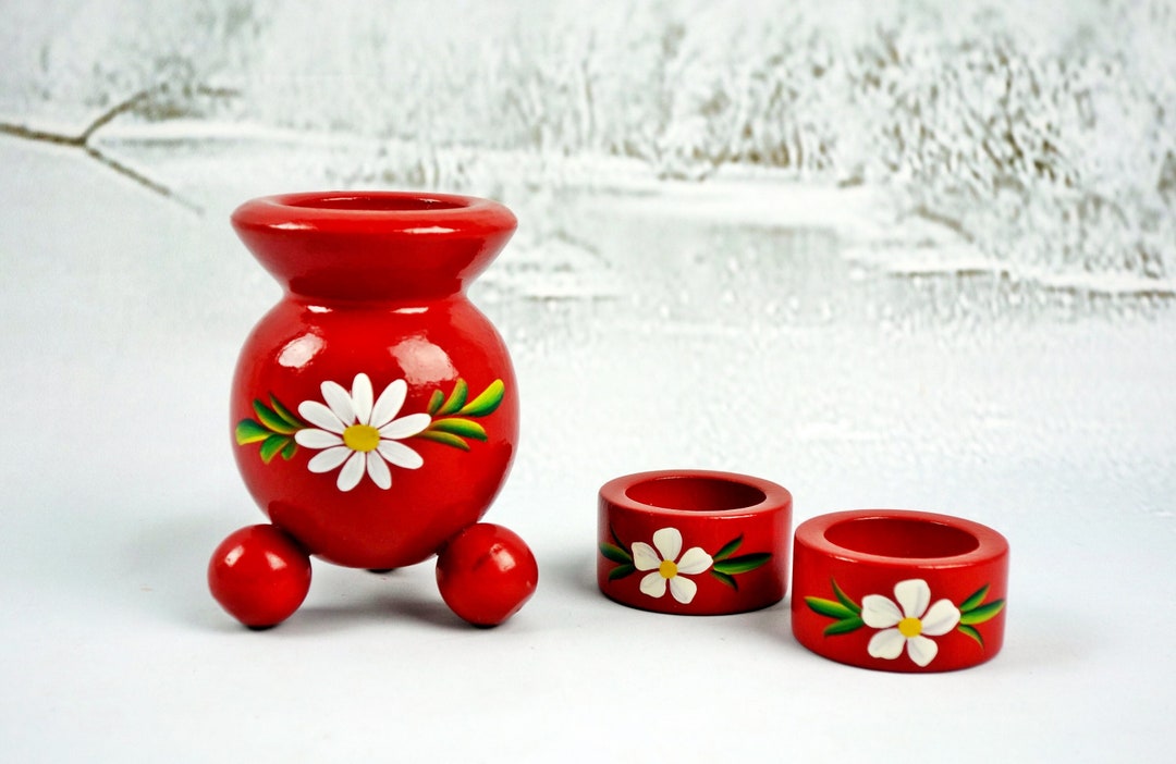 Set of 3 Red Wooden Candle Holders With Rosemaling Vintage Etsy