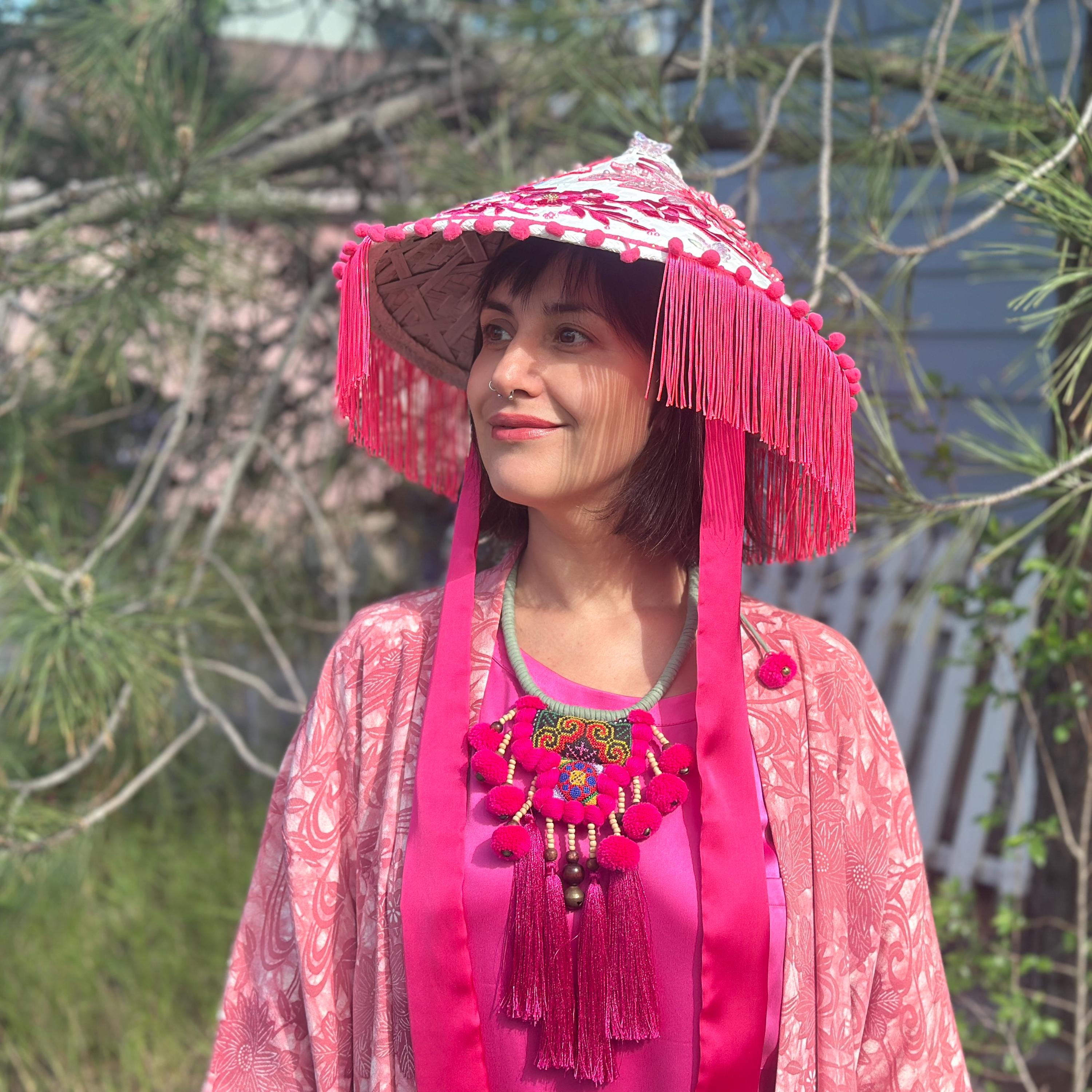 Glows in Blacklight Bamboo Sun Hat: Hot Pink Fringe  display picture 2