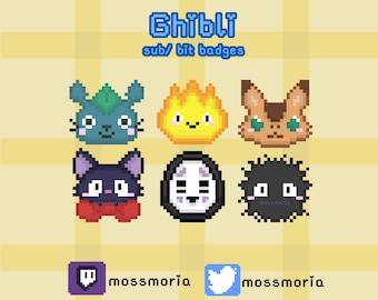 May include: A set of 6 pixel art badges featuring characters from Studio Ghibli films. The badges are in a grid format and include characters like Totoro, No Face, and Calcifer. The badges are labeled "Ghibli sub/bit badges" and have the Twitch and Twitter logos with the username "mossmoría".